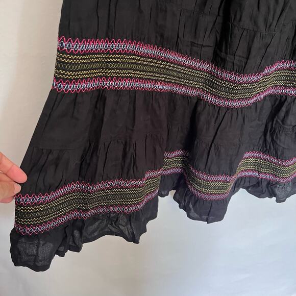 Linda Anderson Boho Maxi Skirt Sz XL Black Festival Embroidered Smocking Peasant - Picture 4 of 12